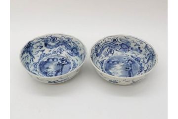 江戸期　上手物　古伊万里　染付　二重角福　渦福　鳳凰山水文　約15cm　4.8寸　なます皿2枚セット(中皿、和皿、和食器、四寸八分)(R-077086)