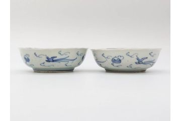 江戸期　上手物　古伊万里　染付　二重角福　渦福　鳳凰山水文　約15cm　4.8寸　なます皿2枚セット(中皿、和皿、和食器、四寸八分)(R-077086)