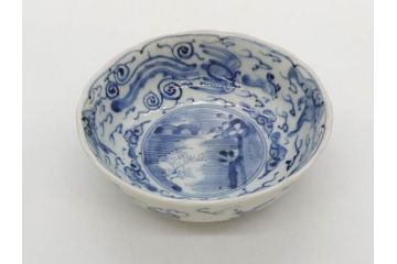 江戸期　上手物　古伊万里　染付　二重角福　渦福　鳳凰山水文　約15cm　4.8寸　なます皿2枚セット(中皿、和皿、和食器、四寸八分)(R-077086)