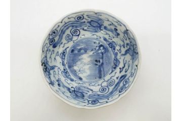 江戸期　上手物　古伊万里　染付　二重角福　渦福　鳳凰山水文　約15cm　4.8寸　なます皿2枚セット(中皿、和皿、和食器、四寸八分)(R-077086)