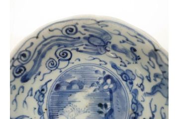 江戸期　上手物　古伊万里　染付　二重角福　渦福　鳳凰山水文　約15cm　4.8寸　なます皿2枚セット(中皿、和皿、和食器、四寸八分)(R-077086)