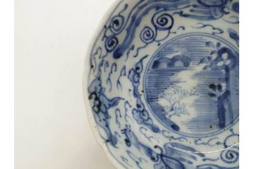 江戸期　上手物　古伊万里　染付　二重角福　渦福　鳳凰山水文　約15cm　4.8寸　なます皿2枚セット(中皿、和皿、和食器、四寸八分)(R-077086)