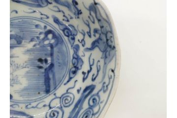 江戸期　上手物　古伊万里　染付　二重角福　渦福　鳳凰山水文　約15cm　4.8寸　なます皿2枚セット(中皿、和皿、和食器、四寸八分)(R-077086)