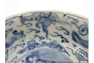 江戸期　上手物　古伊万里　染付　二重角福　渦福　鳳凰山水文　約15cm　4.8寸　なます皿2枚セット(中皿、和皿、和食器、四寸八分)(R-077086)