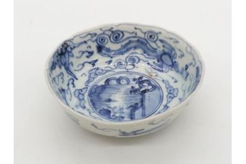 江戸期　上手物　古伊万里　染付　二重角福　渦福　鳳凰山水文　約15cm　4.8寸　なます皿2枚セット(中皿、和皿、和食器、四寸八分)(R-077086)