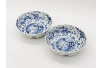 江戸期　上手物　古伊万里　染付　二重角福　渦福　鳳凰山水文　約14cm　4.7寸　なます皿2枚セット(中皿、和皿、和食器、四寸七分)(R-077087)