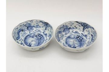 江戸期　上手物　古伊万里　染付　二重角福　渦福　鳳凰山水文　約14cm　4.7寸　なます皿2枚セット(中皿、和皿、和食器、四寸七分)(R-077087)