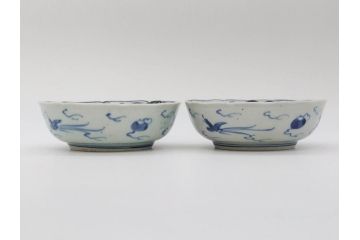 江戸期　上手物　古伊万里　染付　二重角福　渦福　鳳凰山水文　約14cm　4.7寸　なます皿2枚セット(中皿、和皿、和食器、四寸七分)(R-077087)