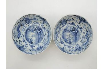 江戸期　上手物　古伊万里　染付　二重角福　渦福　鳳凰山水文　約14cm　4.7寸　なます皿2枚セット(中皿、和皿、和食器、四寸七分)(R-077087)
