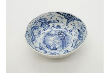 江戸期　上手物　古伊万里　染付　二重角福　渦福　鳳凰山水文　約14cm　4.7寸　なます皿2枚セット(中皿、和皿、和食器、四寸七分)(R-077087)