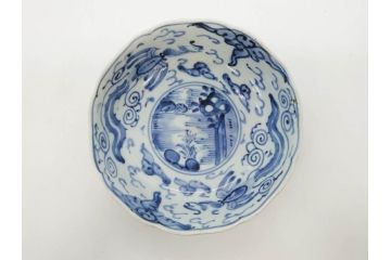 江戸期　上手物　古伊万里　染付　二重角福　渦福　鳳凰山水文　約14cm　4.7寸　なます皿2枚セット(中皿、和皿、和食器、四寸七分)(R-077087)