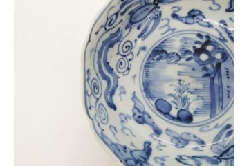 江戸期　上手物　古伊万里　染付　二重角福　渦福　鳳凰山水文　約14cm　4.7寸　なます皿2枚セット(中皿、和皿、和食器、四寸七分)(R-077087)