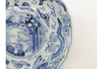 江戸期　上手物　古伊万里　染付　二重角福　渦福　鳳凰山水文　約14cm　4.7寸　なます皿2枚セット(中皿、和皿、和食器、四寸七分)(R-077087)