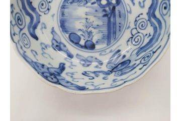 江戸期　上手物　古伊万里　染付　二重角福　渦福　鳳凰山水文　約14cm　4.7寸　なます皿2枚セット(中皿、和皿、和食器、四寸七分)(R-077087)