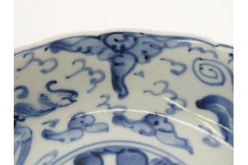 江戸期　上手物　古伊万里　染付　二重角福　渦福　鳳凰山水文　約14cm　4.7寸　なます皿2枚セット(中皿、和皿、和食器、四寸七分)(R-077087)