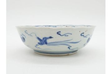 江戸期　上手物　古伊万里　染付　二重角福　渦福　鳳凰山水文　約14cm　4.7寸　なます皿2枚セット(中皿、和皿、和食器、四寸七分)(R-077087)