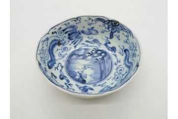 江戸期　上手物　古伊万里　染付　二重角福　渦福　鳳凰山水文　約14cm　4.7寸　なます皿2枚セット(中皿、和皿、和食器、四寸七分)(R-077087)