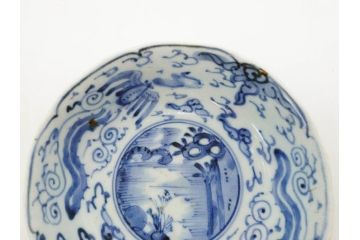 江戸期　上手物　古伊万里　染付　二重角福　渦福　鳳凰山水文　約14cm　4.7寸　なます皿2枚セット(中皿、和皿、和食器、四寸七分)(R-077087)