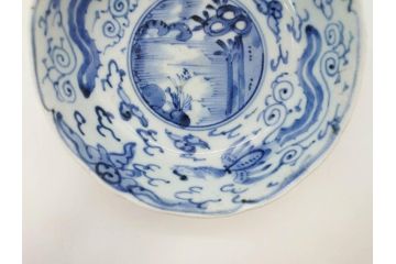江戸期　上手物　古伊万里　染付　二重角福　渦福　鳳凰山水文　約14cm　4.7寸　なます皿2枚セット(中皿、和皿、和食器、四寸七分)(R-077087)