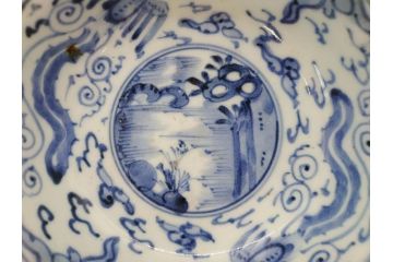 江戸期　上手物　古伊万里　染付　二重角福　渦福　鳳凰山水文　約14cm　4.7寸　なます皿2枚セット(中皿、和皿、和食器、四寸七分)(R-077087)