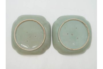 江戸期　古伊万里　青磁　金彩　蔦文　約18cm　6寸　金彩が上品なアクセントになる変形皿2枚セット(六寸、中皿、和食器、和皿)(R-077090)