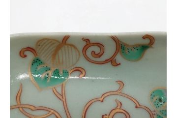江戸期　古伊万里　青磁　金彩　蔦文　約18cm　6寸　金彩が上品なアクセントになる変形皿3枚セット(六寸、中皿、和食器、和皿)(R-077091)