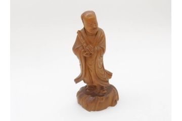 時代物　澎湖島　鄭利造　高さ22cm　木彫仙人像(台湾、中国、彫刻、置物、木製、古美術、共箱付き)(R-077098)