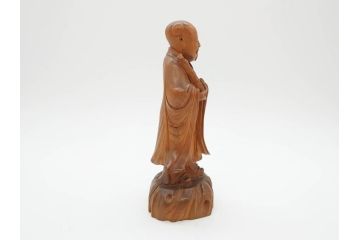 時代物　澎湖島　鄭利造　高さ22cm　木彫仙人像(台湾、中国、彫刻、置物、木製、古美術、共箱付き)(R-077098)