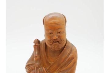 時代物　澎湖島　鄭利造　高さ22cm　木彫仙人像(台湾、中国、彫刻、置物、木製、古美術、共箱付き)(R-077098)