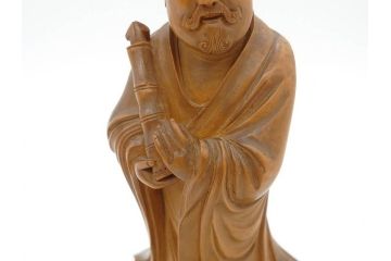 時代物　澎湖島　鄭利造　高さ22cm　木彫仙人像(台湾、中国、彫刻、置物、木製、古美術、共箱付き)(R-077098)