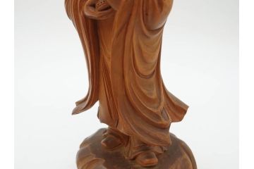 時代物　澎湖島　鄭利造　高さ22cm　木彫仙人像(台湾、中国、彫刻、置物、木製、古美術、共箱付き)(R-077098)