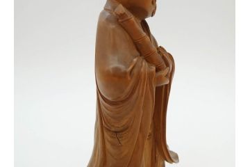 時代物　澎湖島　鄭利造　高さ22cm　木彫仙人像(台湾、中国、彫刻、置物、木製、古美術、共箱付き)(R-077098)