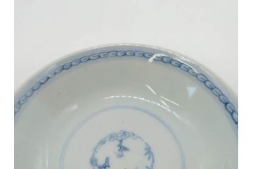 江戸期　古伊万里　微塵唐草文染付　松竹梅　約12cm　3.8寸　繊細な絵付けが見事な蓋付き茶碗3客セット(和食器、三寸八分)(R-077135)