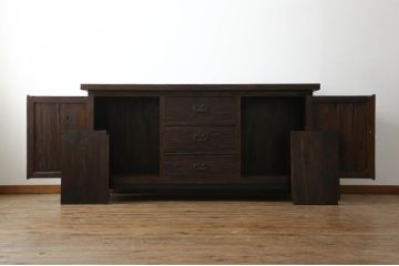 中古　美品　海外輸入家具　木の風合いが味わい深い総無垢材製のカウンターテーブル(サイドキャビネット、サイドボード、収納棚、戸棚、リビングボード、店舗什器)(R-077148)