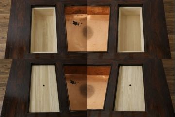 中古　最高級　シャム柿(ジリコテ)材　無垢材　特徴的な木目が目を引く、大振りな囲炉裏テーブル(長火鉢、関西火鉢、木製火鉢、座卓、ローテーブル、センターテーブル、リビングテーブル)(R-077159)