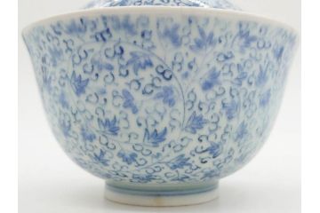 江戸期　古伊万里　微塵唐草文染付　松竹梅　約12cm　3.8寸　繊細な絵付けが見事な蓋付き茶碗3客セット(和食器、三寸八分)(R-077160)