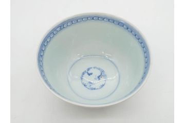 江戸期　古伊万里　微塵唐草文染付　松竹梅　約12cm　3.8寸　繊細な絵付けが見事な蓋付き茶碗3客セット(和食器、三寸八分)(R-077160)