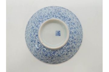 江戸期　古伊万里　微塵唐草文染付　松竹梅　約12cm　3.8寸　繊細な絵付けが見事な蓋付き茶碗3客セット(和食器、三寸八分)(R-077160)