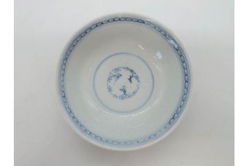 江戸期　古伊万里　微塵唐草文染付　松竹梅　約12cm　3.8寸　繊細な絵付けが見事な蓋付き茶碗3客セット(和食器、三寸八分)(R-077160)