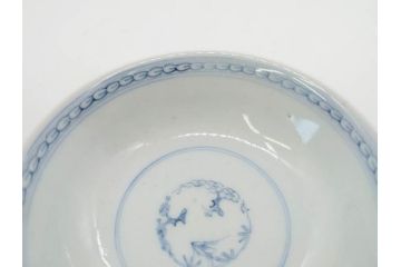 江戸期　古伊万里　微塵唐草文染付　松竹梅　約12cm　3.8寸　繊細な絵付けが見事な蓋付き茶碗3客セット(和食器、三寸八分)(R-077160)