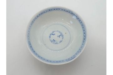 江戸期　古伊万里　微塵唐草文染付　松竹梅　約12cm　3.8寸　繊細な絵付けが見事な蓋付き茶碗3客セット(和食器、三寸八分)(R-077160)