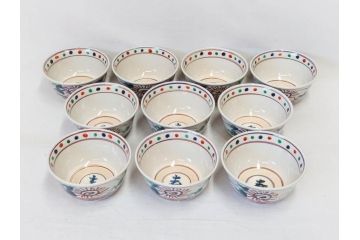 竜谷焼　宮川香雲　寿　約12cm　4寸　紅安南　数茶碗10客セット(京焼、龍谷窯、和食器、茶道具、茶器、湯呑、共布、共箱付き、四寸)(R-077162)