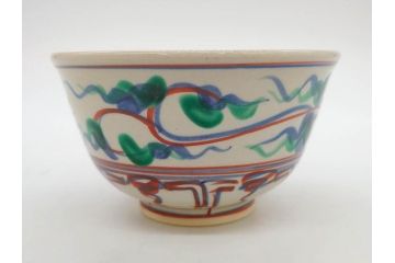 竜谷焼　宮川香雲　寿　約12cm　4寸　紅安南　数茶碗10客セット(京焼、龍谷窯、和食器、茶道具、茶器、湯呑、共布、共箱付き、四寸)(R-077162)