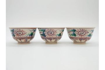 竜谷焼　宮川香雲　寿　約12cm　4寸　紅安南　数茶碗10客セット(京焼、龍谷窯、和食器、茶道具、茶器、湯呑、共布、共箱付き、四寸)(R-077162)