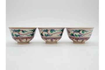 竜谷焼　宮川香雲　寿　約12cm　4寸　紅安南　数茶碗10客セット(京焼、龍谷窯、和食器、茶道具、茶器、湯呑、共布、共箱付き、四寸)(R-077162)