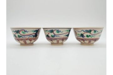 竜谷焼　宮川香雲　寿　約12cm　4寸　紅安南　数茶碗10客セット(京焼、龍谷窯、和食器、茶道具、茶器、湯呑、共布、共箱付き、四寸)(R-077162)