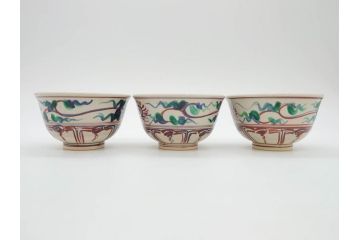 竜谷焼　宮川香雲　寿　約12cm　4寸　紅安南　数茶碗10客セット(京焼、龍谷窯、和食器、茶道具、茶器、湯呑、共布、共箱付き、四寸)(R-077162)