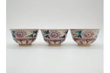 竜谷焼　宮川香雲　寿　約12cm　4寸　紅安南　数茶碗10客セット(京焼、龍谷窯、和食器、茶道具、茶器、湯呑、共布、共箱付き、四寸)(R-077162)