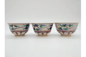 竜谷焼　宮川香雲　寿　約12cm　4寸　紅安南　数茶碗10客セット(京焼、龍谷窯、和食器、茶道具、茶器、湯呑、共布、共箱付き、四寸)(R-077162)