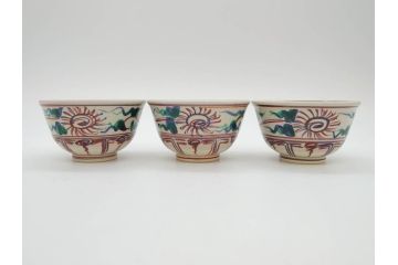 竜谷焼　宮川香雲　寿　約12cm　4寸　紅安南　数茶碗10客セット(京焼、龍谷窯、和食器、茶道具、茶器、湯呑、共布、共箱付き、四寸)(R-077162)